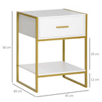 HOMCOM Set of 2 Modern Bedside Tables with Drawer and Open Shelf in MDF and Steel, 45x40x60cm, White and Gold - Borgè