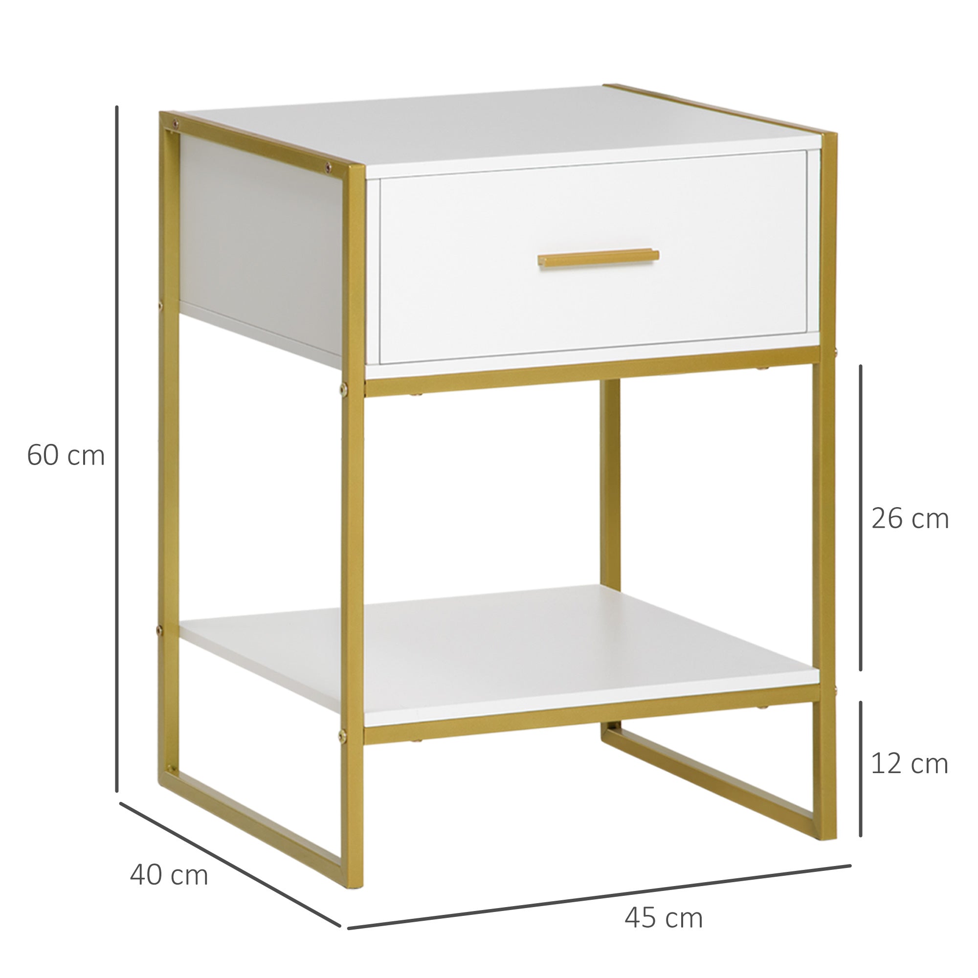 HOMCOM Set of 2 Modern Bedside Tables with Drawer and Open Shelf in MDF and Steel, 45x40x60cm, White and Gold - Borgè
