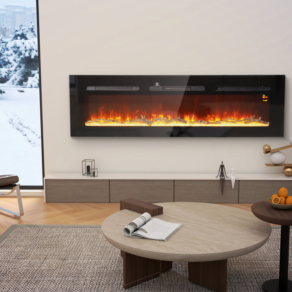 Electric Fireplace 1800W Adjustable with Remote Control, in Steel and Tempered Glass, 152.4x15.8x45 cm, Black
