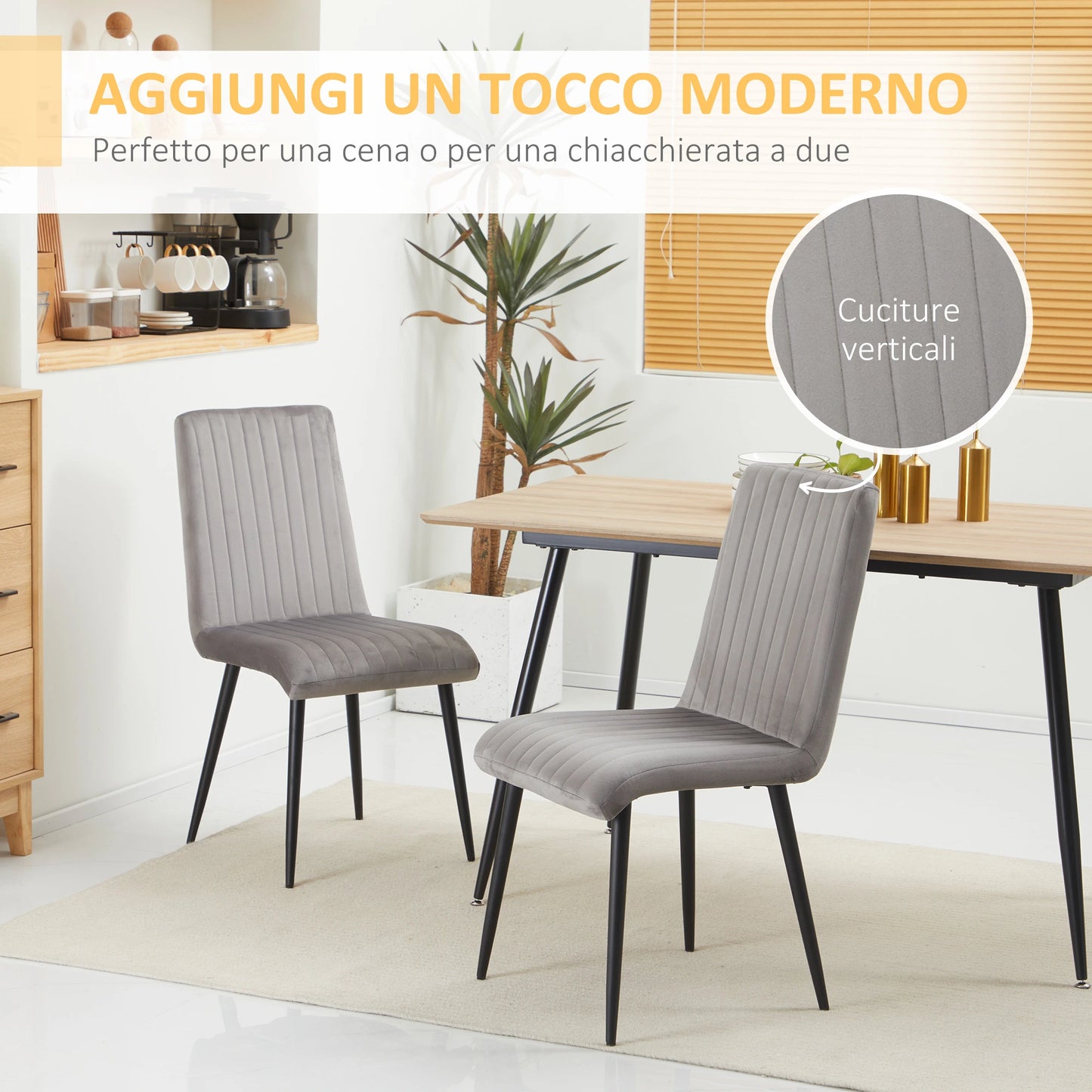 Set of 2 Padded and Space-Saving Kitchen Chairs with Steel Legs, 43x58x90 cm, Grey and Black