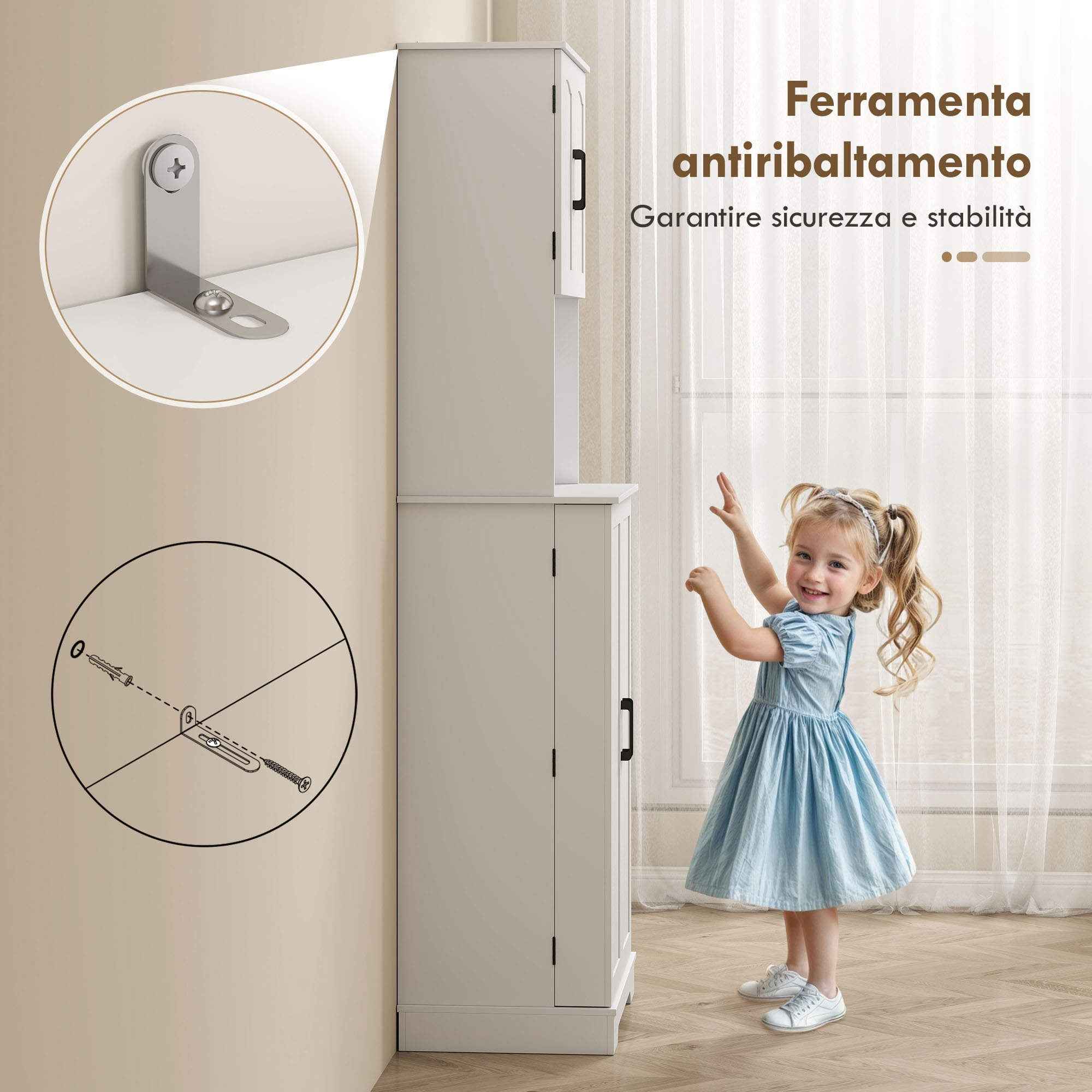 HOMCOM Country Style Tall Kitchen Sideboard, 2 Cabinets and 8 Spice Racks, 60x40x181.5 cm, White