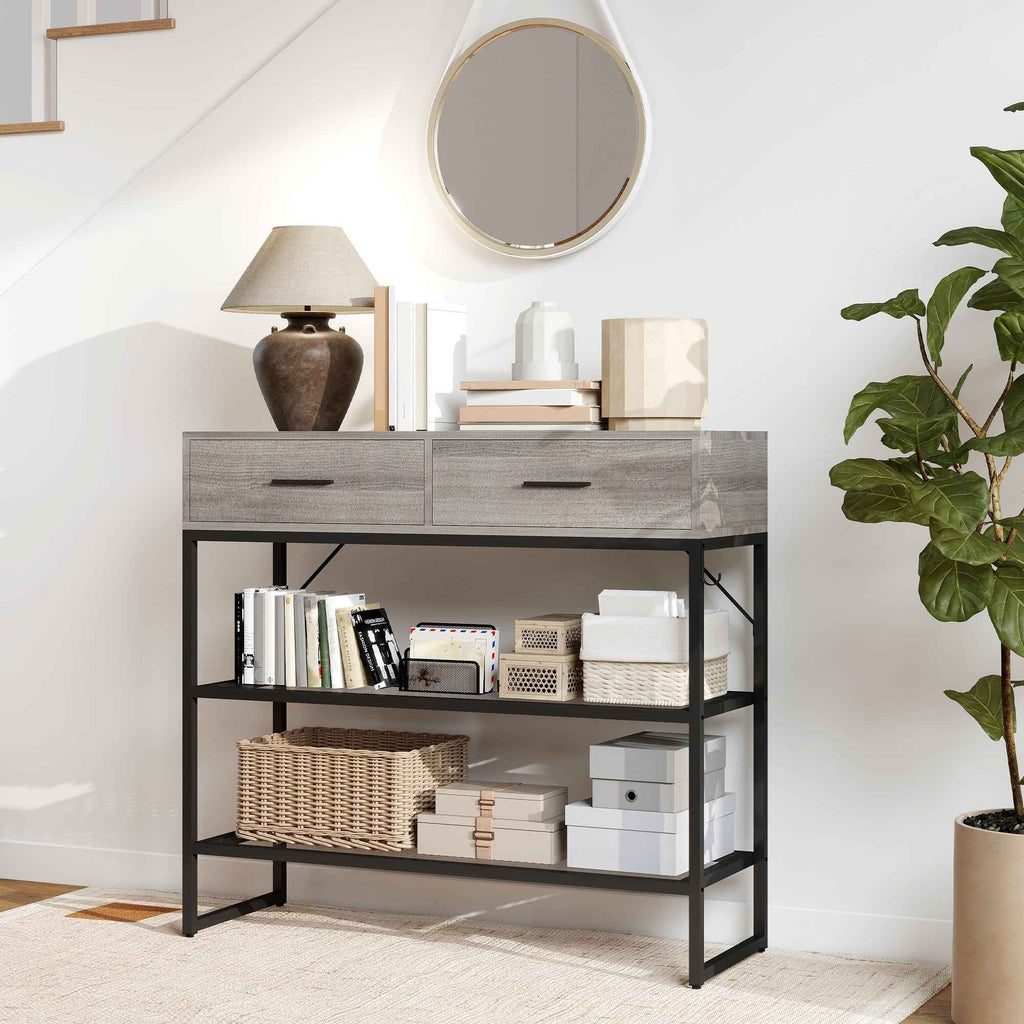 HOMCOM Entrance Console Table with 2 Drawers, 2 Shelves and Side Hook, in Wood and Metal, 100x35x92 cm, Black and Wood