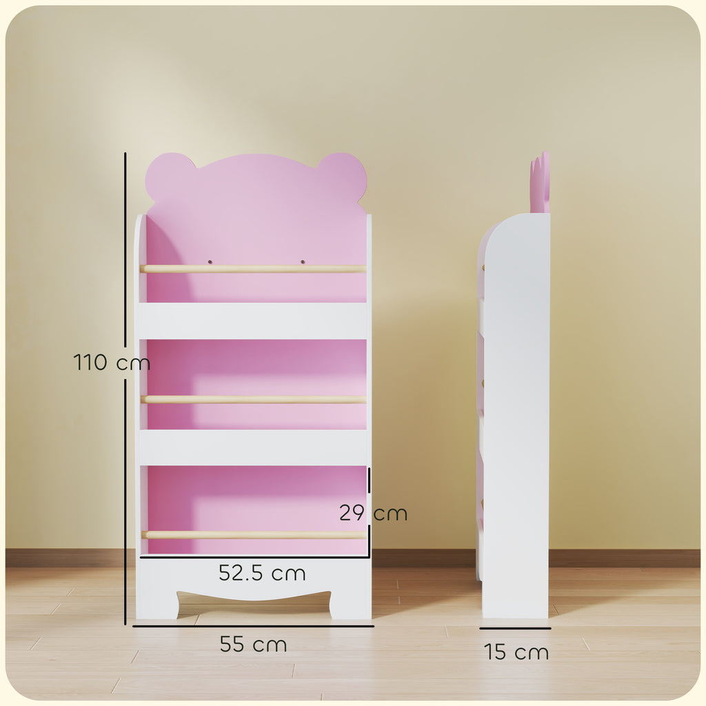 Children's Bookcase with 3 Shelves in the Shape of a Teddy Bear with Front Barriers, 55x15x110 cm, Pink