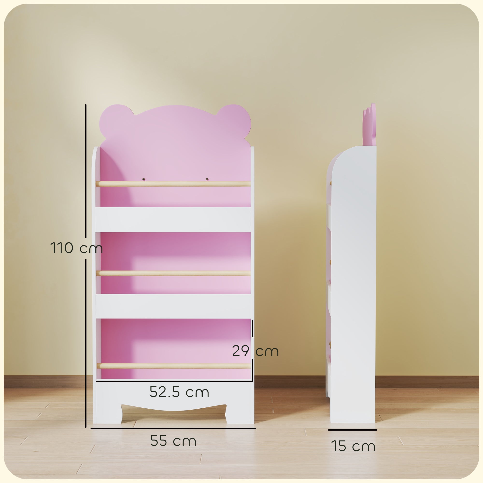 Children's Bookcase with 3 Shelves in the Shape of a Teddy Bear with Front Barriers, 55x15x110 cm, Pink