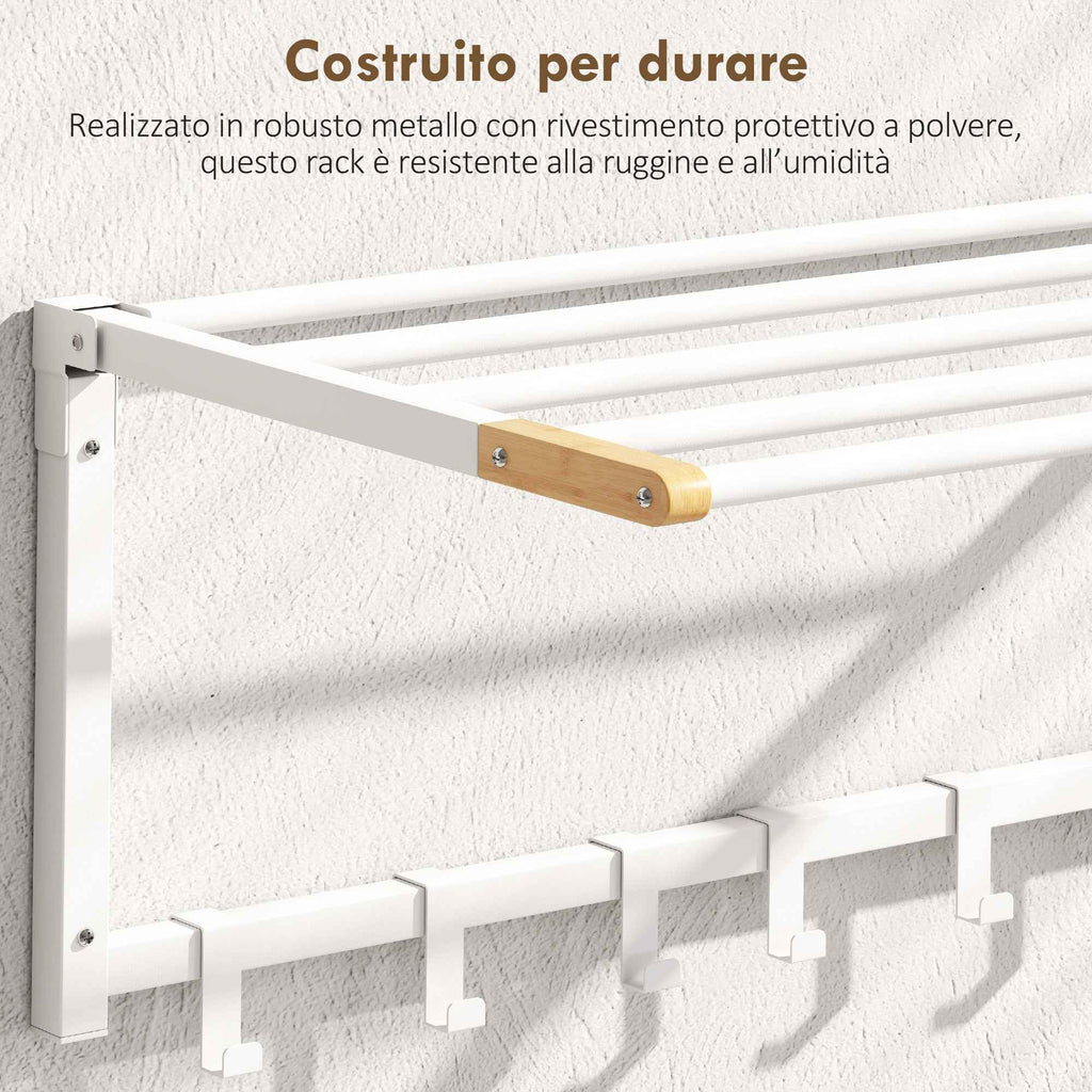 HOMCOM Folding Wall-Mounted Towel Rack with 5 Bars and 6 Hooks in Wood and Steel, 60x32.5x20 cm, White
