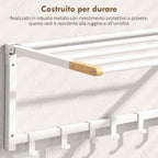 HOMCOM Folding Wall-Mounted Towel Rack with 5 Bars and 6 Hooks in Wood and Steel, 60x32.5x20 cm, White