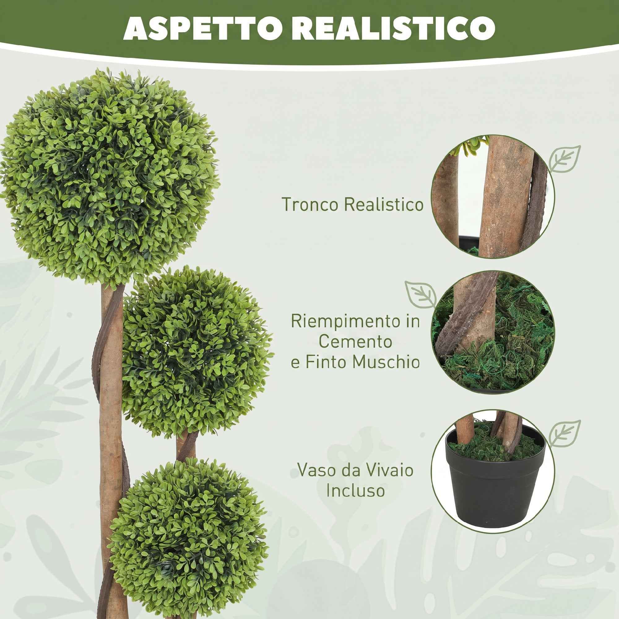 HOMCOM Set of 2 Artificial Boxwood Plants with 3 Balls, with Pot and Reinforced Bottom, Height 90 cm, for Indoor and Outdoor Use