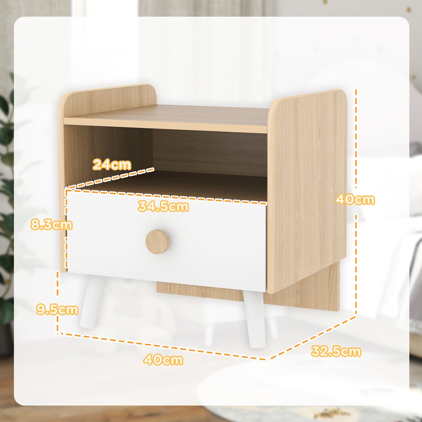 Bedside Table with Drawer for Children 3-10 Years Old in Wood and Pine Wood, 40x32.5x40 cm, White