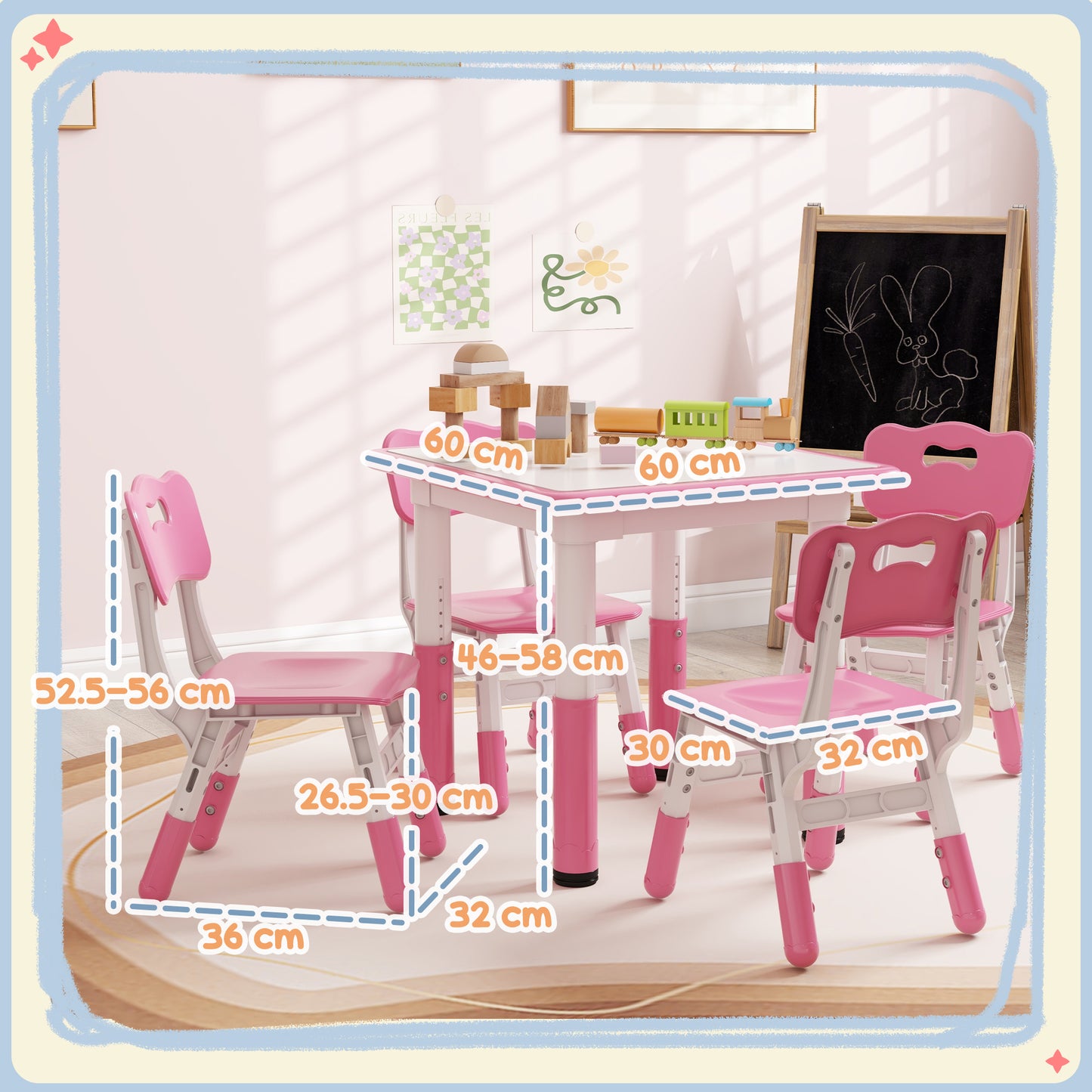 Children's Table and Chair Set 5pcs with 4 Adjustable Chairs 32x36x52. 5-56 cm and Table 60x60x46-58 cm, Pink