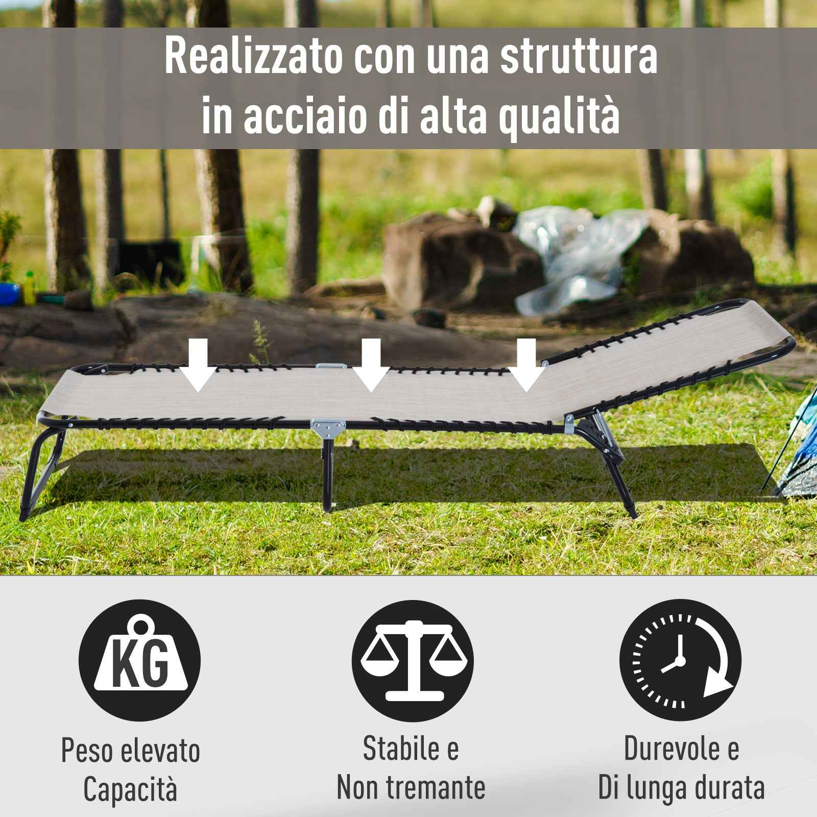 Outsunny Steel and Breathable Fabric Sun Lounger with Reclining Backrest, 197x58x30 cm