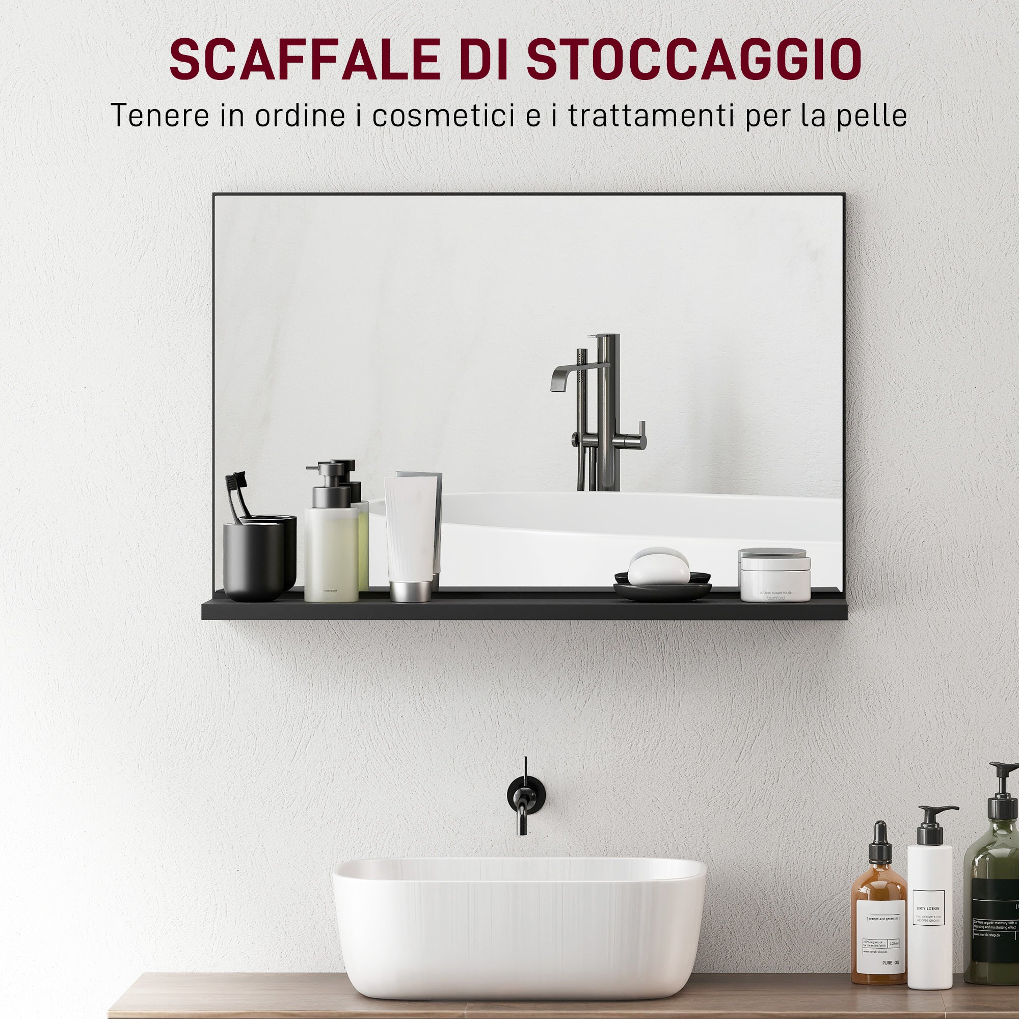 Wall-Mounted Bathroom Mirror with Shelf, Modern and Multipurpose Design, 60x12x40 cm, Black