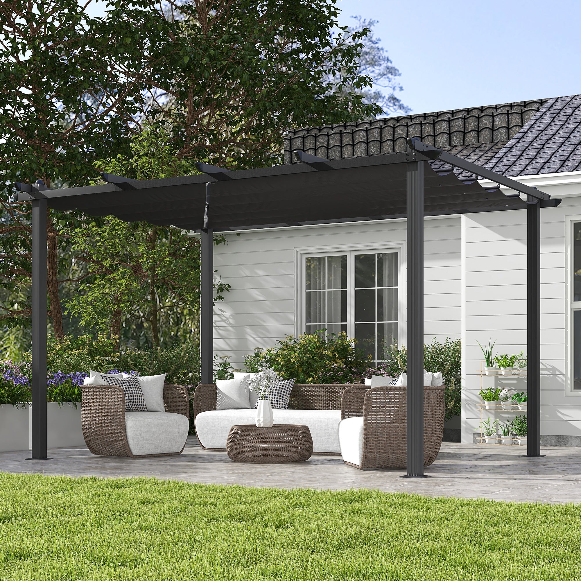 Pergola Gazebo 4x3 m with 8 Drainage Holes, in Aluminium, Metal and Polyester, Dark Gray - Borgè