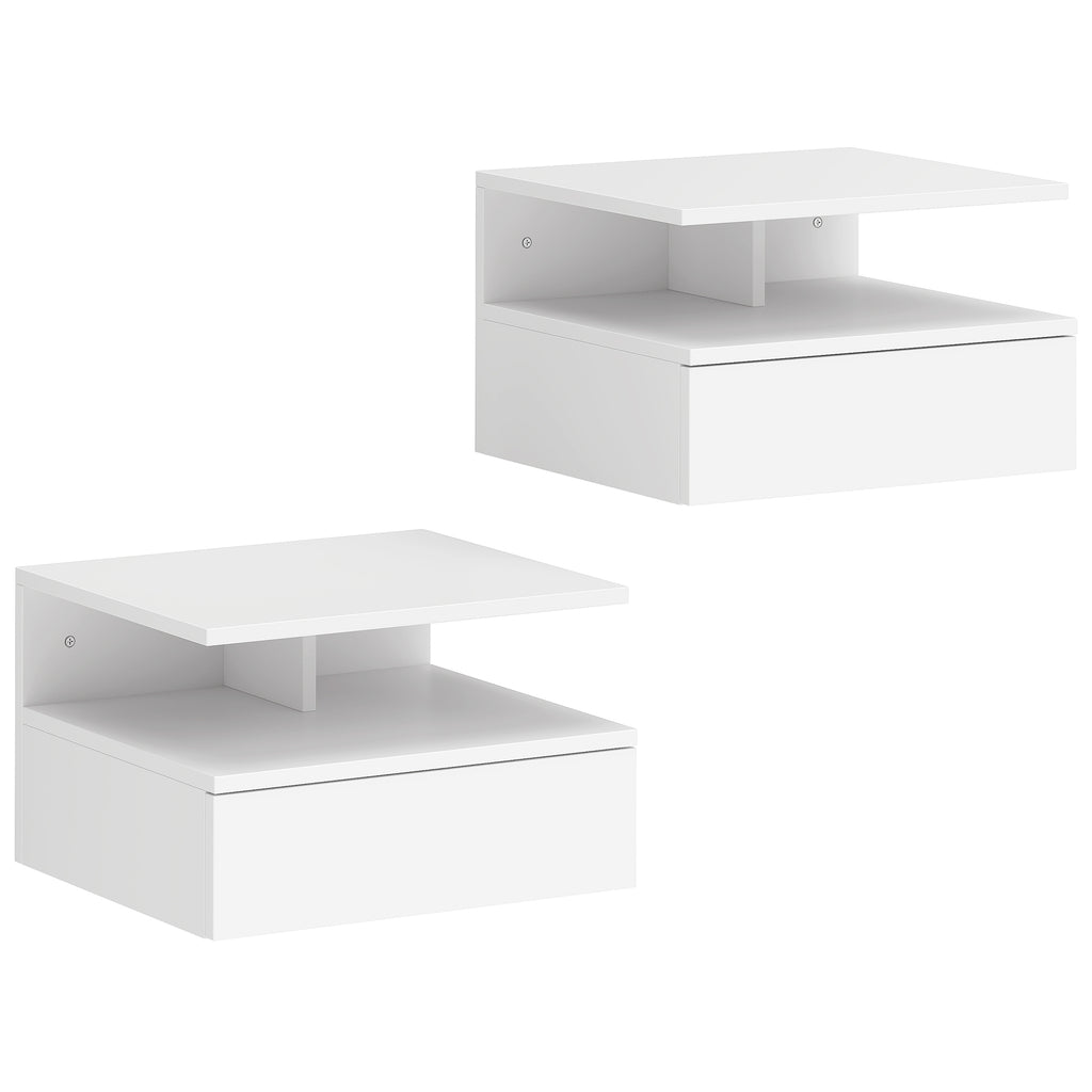 HOMCOM Set of 2 Floating Bedside Tables with Drawer and Open Shelf, 35x32x22.5 cm, White