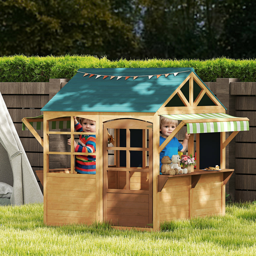 Playhouse for Children 3-8 Years with 5 Windows and 2 Blackboards, in Fir Wood, 173x117x144 cm, Brown and Blue