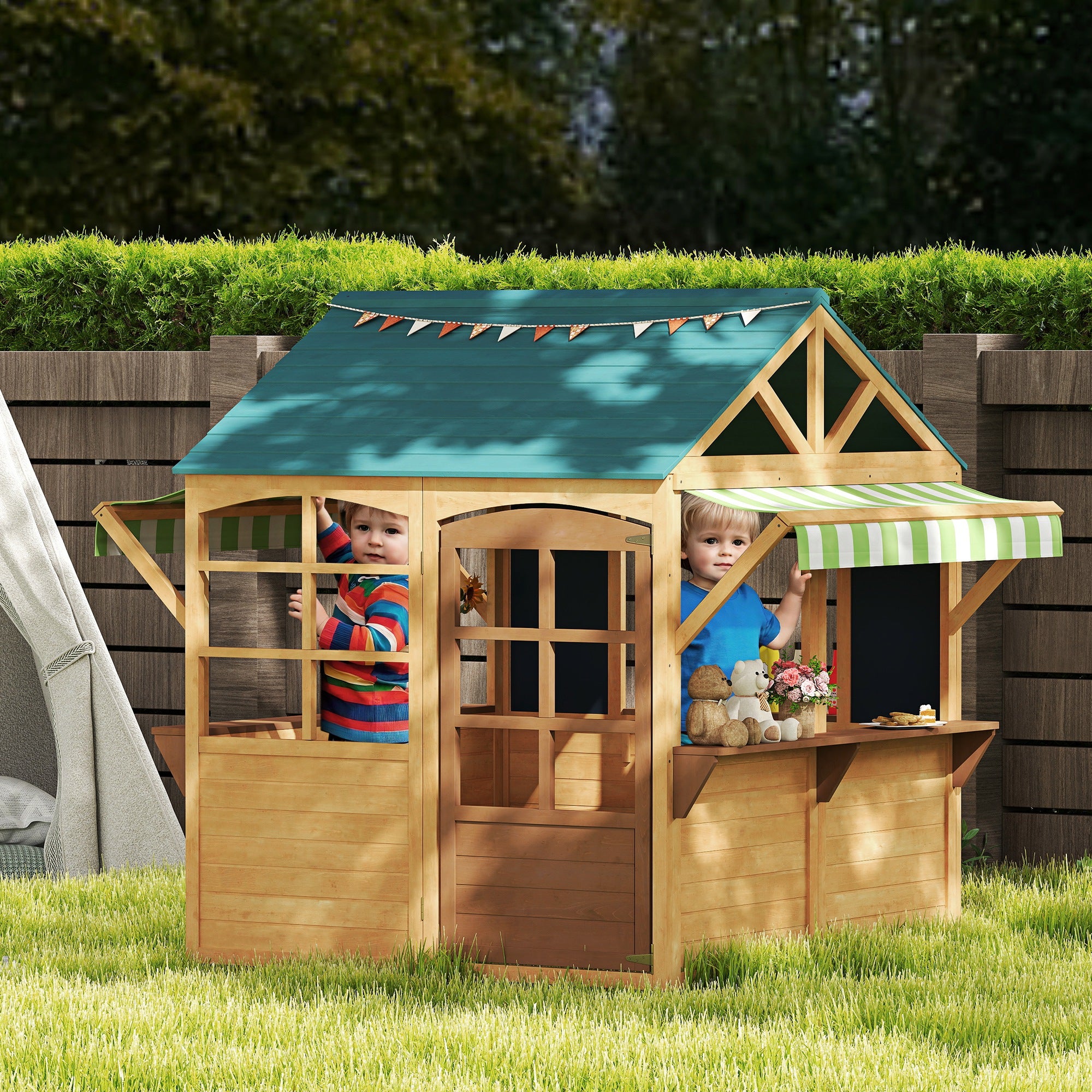 Playhouse for Children 3-8 Years with 5 Windows and 2 Blackboards, in Fir Wood, 173x117x144 cm, Brown and Blue