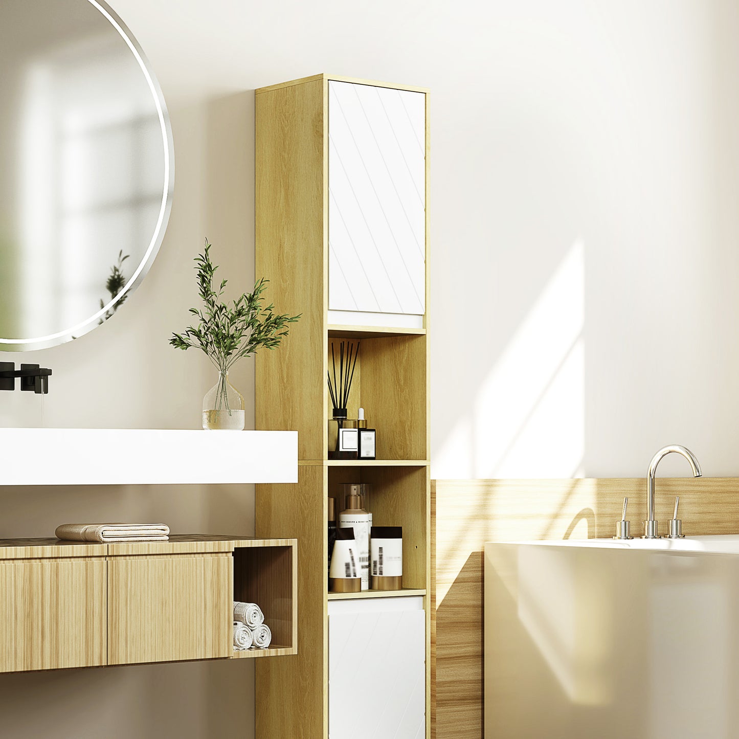 Space-Saving Bathroom Column Cabinet in Wood with 2 Cabinets and Shelves, 30x24x170 cm, Oak and White