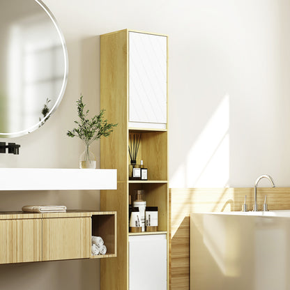 Space-Saving Bathroom Column Cabinet in Wood with 2 Cabinets and Shelves, 30x24x170 cm, Oak and White