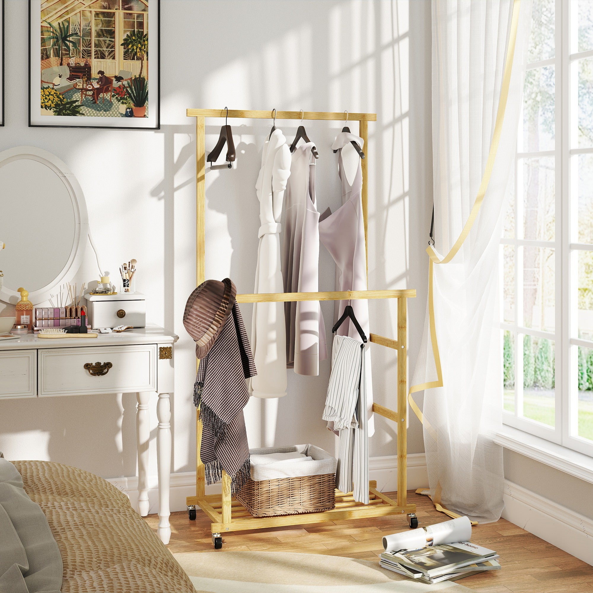 Bamboo Clothes Rail with 2 Rails, Lower Shelf and 4 Wheels, 80x40x160 cm, Natural Wood
