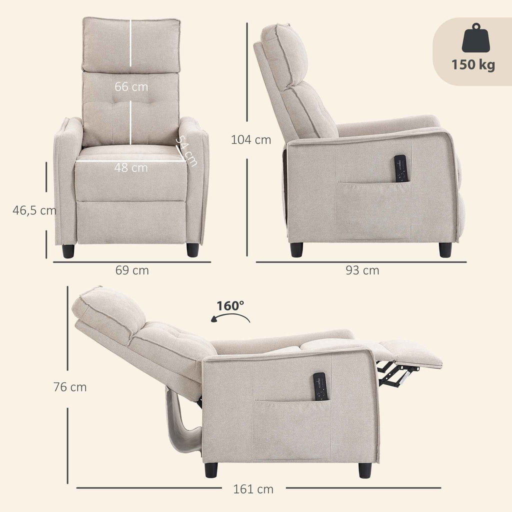 HOMCOM 160° Reclining Massage Chair with Footrest and Remote Control, 69x93x104 cm, Cream White Linen Effect