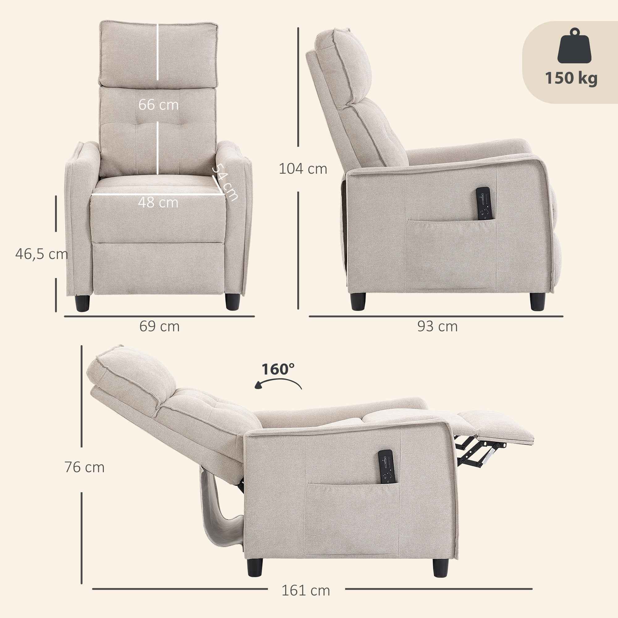 HOMCOM 160° Reclining Massage Chair with Footrest and Remote Control, 69x93x104 cm, Cream White Linen Effect