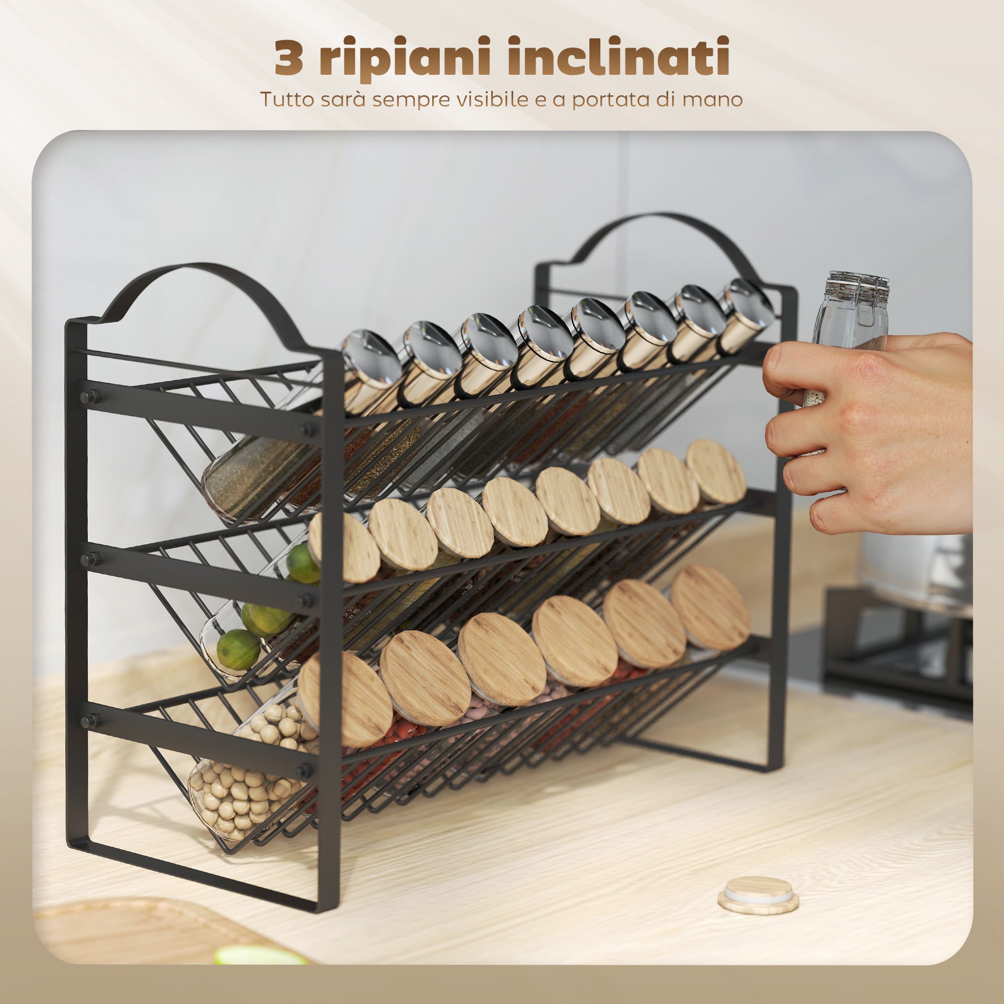 3-Tier Kitchen Spice Rack, Space-Saving Organizer with Slanted Metal Shelves, Black