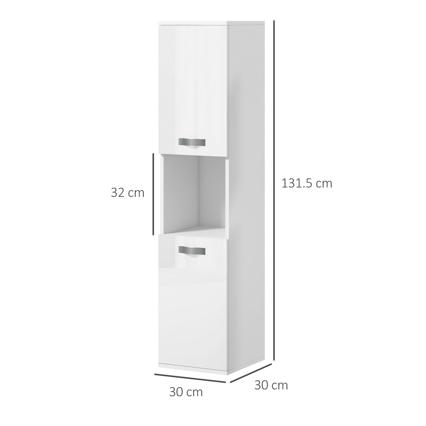 Wall Mounted Wooden Bathroom Cabinet with 2 Cabinets, 2 Shelves and Open Shelf, 30x30x131.5 cm, White