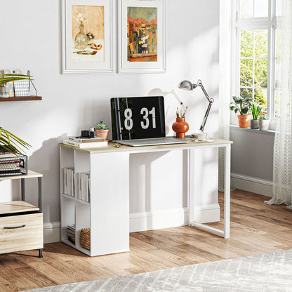 Space-Saving Computer Desk with 4 Open Shelves, Wood and Steel, 120x54x75 cm, White and Oak