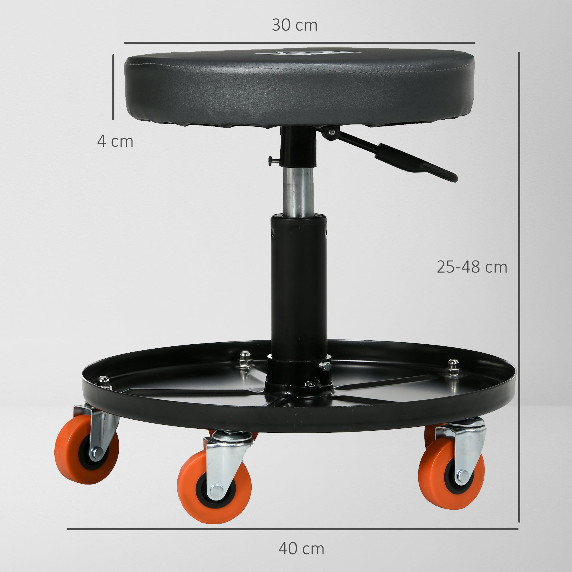 HOMCOM Workshop Stool with Wheels and Tool Holder, Adjustable Height and Swivel, Ø40x25-48cm, Black - Borgè