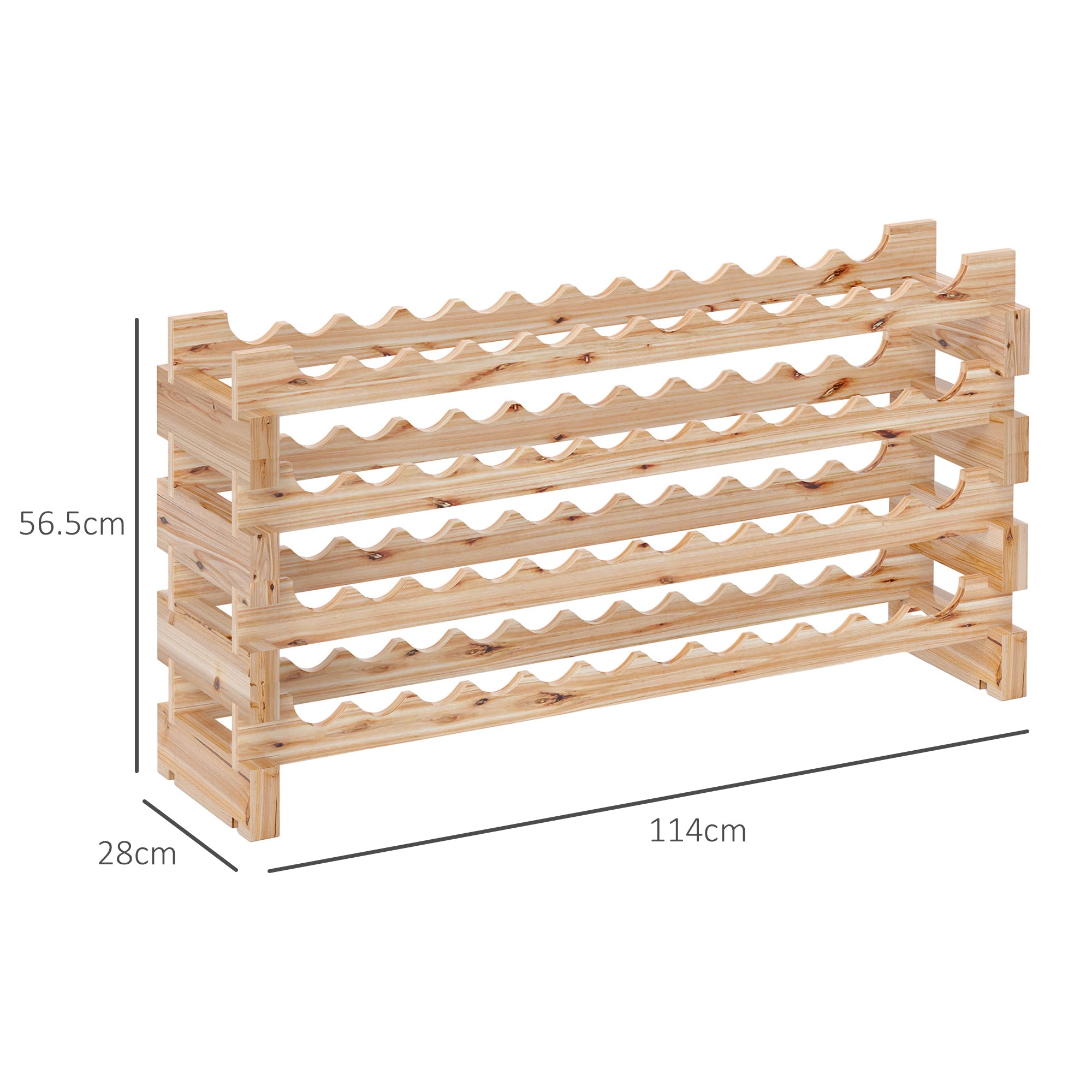 Pine Wood Wine Rack, Wine Cellar with 4 Shelves for 48 Bottles, 114x28x56.5 cm, Wood Color