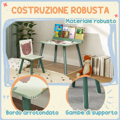 Children's Chair and Table Set with Storage Shelf, in MDF and Pine Wood, Green