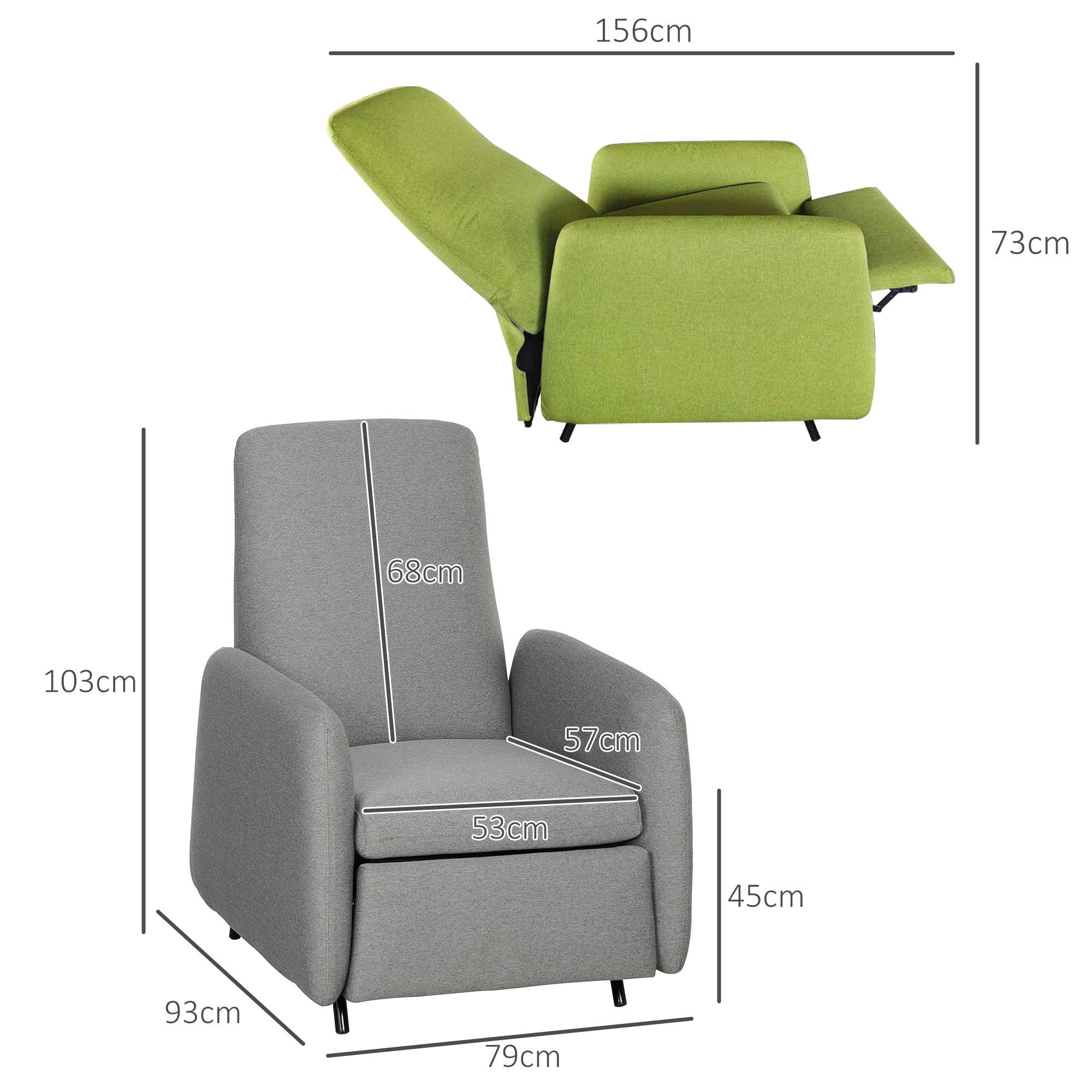 Reclining Relax Armchair with Removable Footrest, Replacement Cover and Seat with Springs, Gray