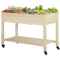 Outsunny bed for raised wooden vegetable garden with wheels and lower shelf, 118x55x83cm, natural wood - Borgè