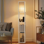 Floor Lamp with Shelves, Dimmable Light, Foot Switch and USB Ports, White