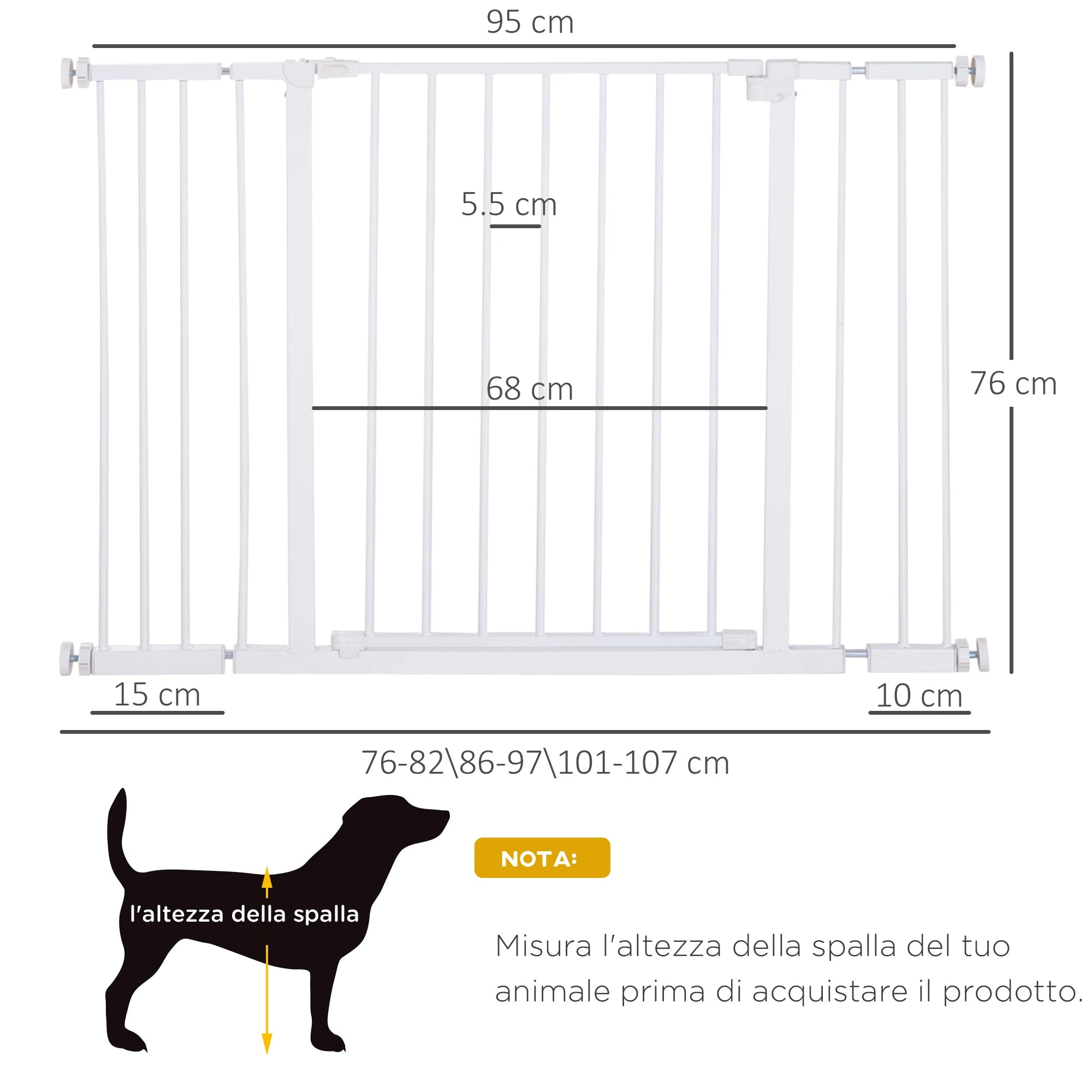Extendable Safety Dog Gate 76-107cm Pressure Fit, Metal & Plastic, White - Borge' Group Limited