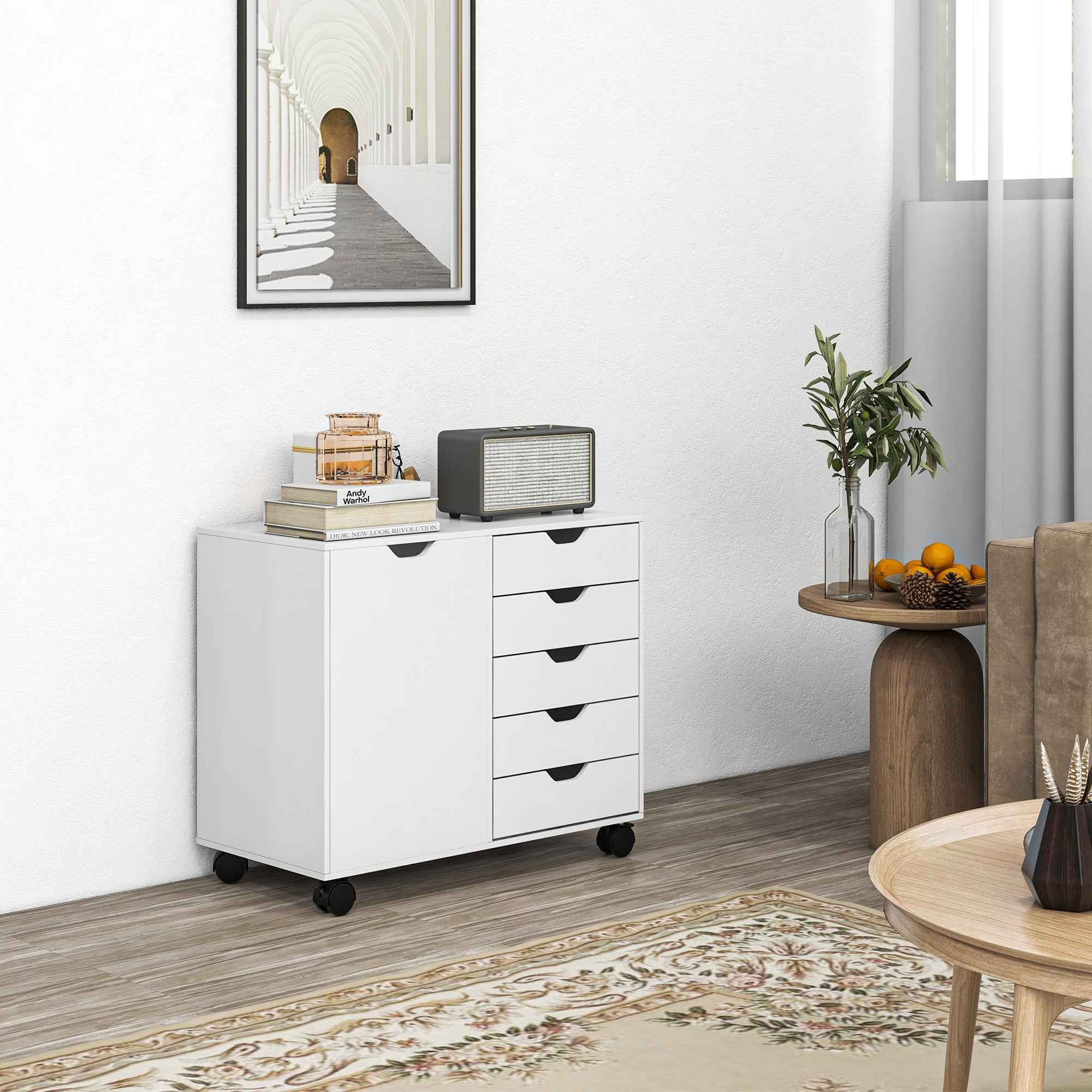 5-Drawer Side Cabinet, Adjustable Shelf, Office Storage Cabinet on Wheels, Printer Stand for Home Office, White