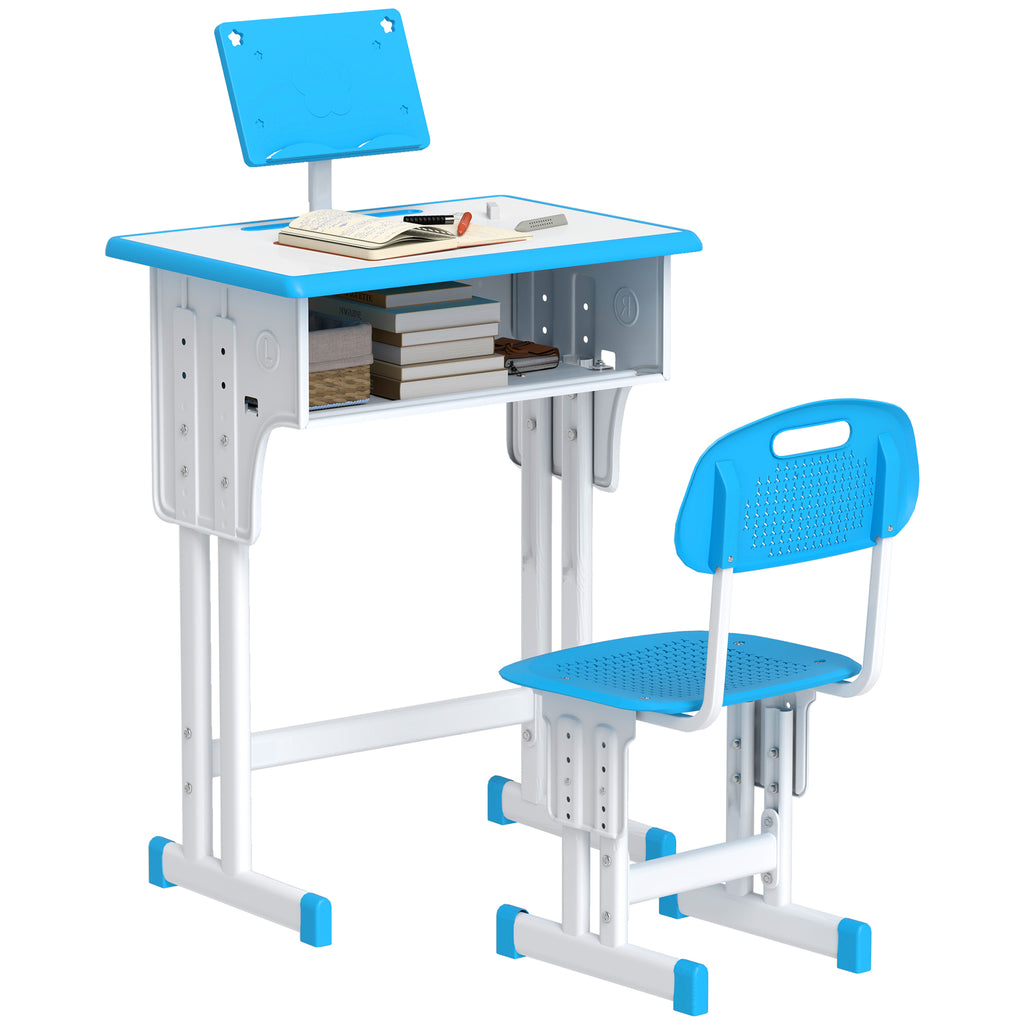 School Desk for Children 6-12 Years with Adjustable Height with Lectern and Shelf, in Steel and MDF, Blue