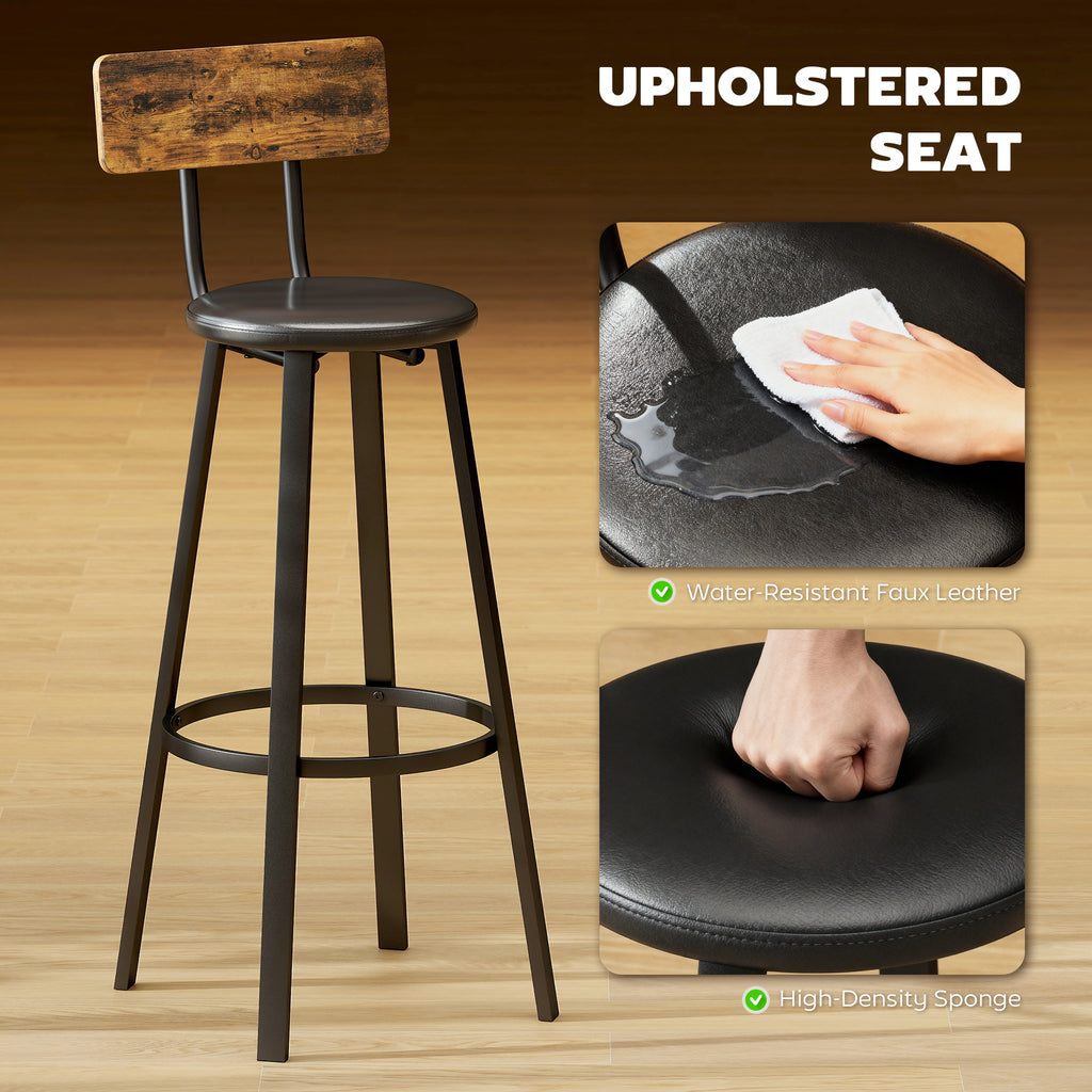 Set of 2 Industrial Style Bar Stools with Backrest, Faux Leather Seat and Footrest, Rustic Brown