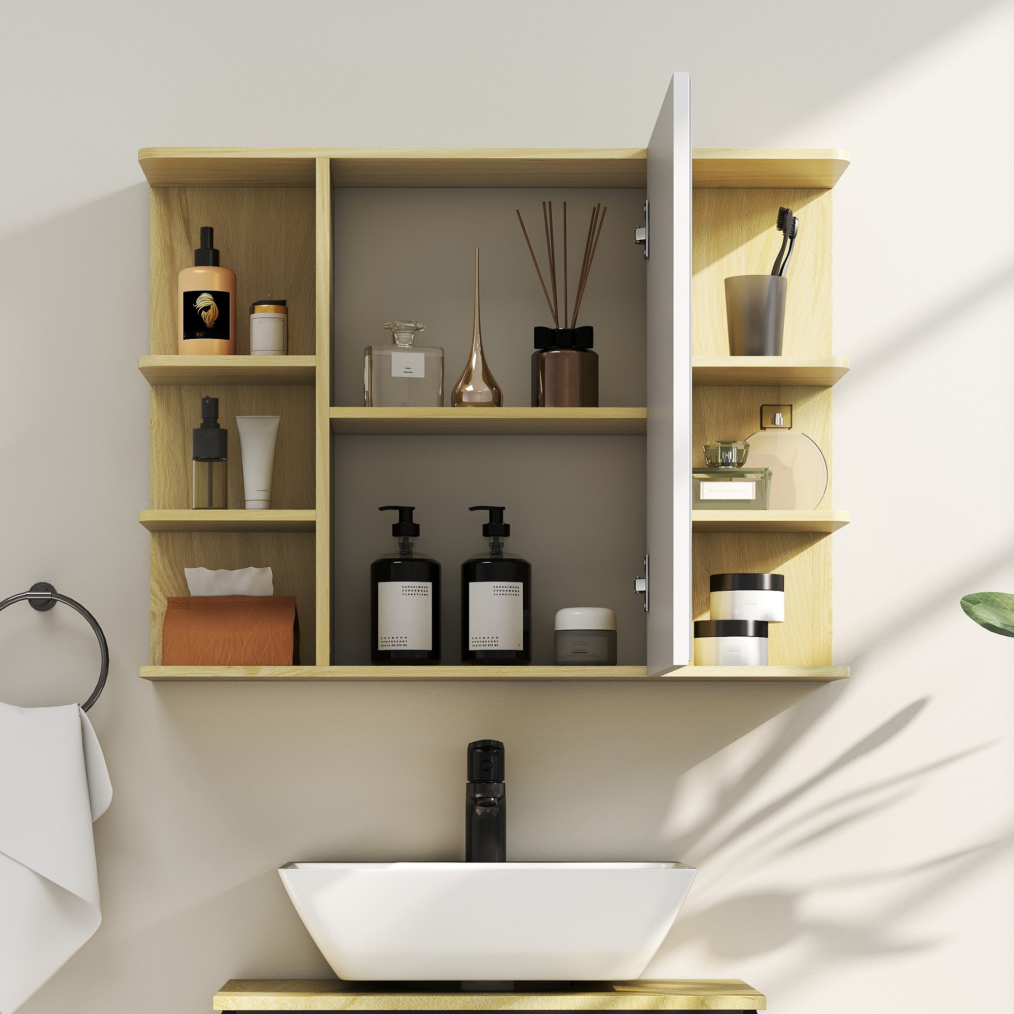 Bathroom Mirror with 2-Tier Cabinet and 6 Open Compartments, 80x20x59 cm, Wood