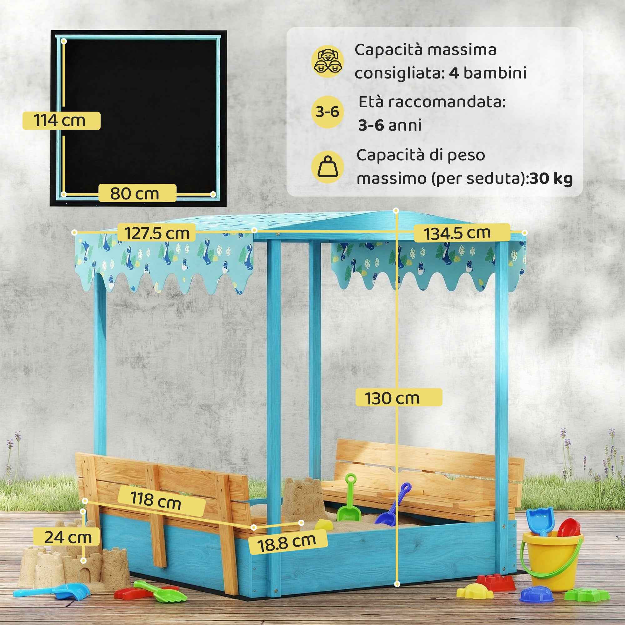 Sandpit for Children 3-6 Years with Dinosaur Canopy, Folding Seats, Lid and Liner Included, Children's Sandpit in Fir Wood, 134.5x127.5x130 cm, Blue