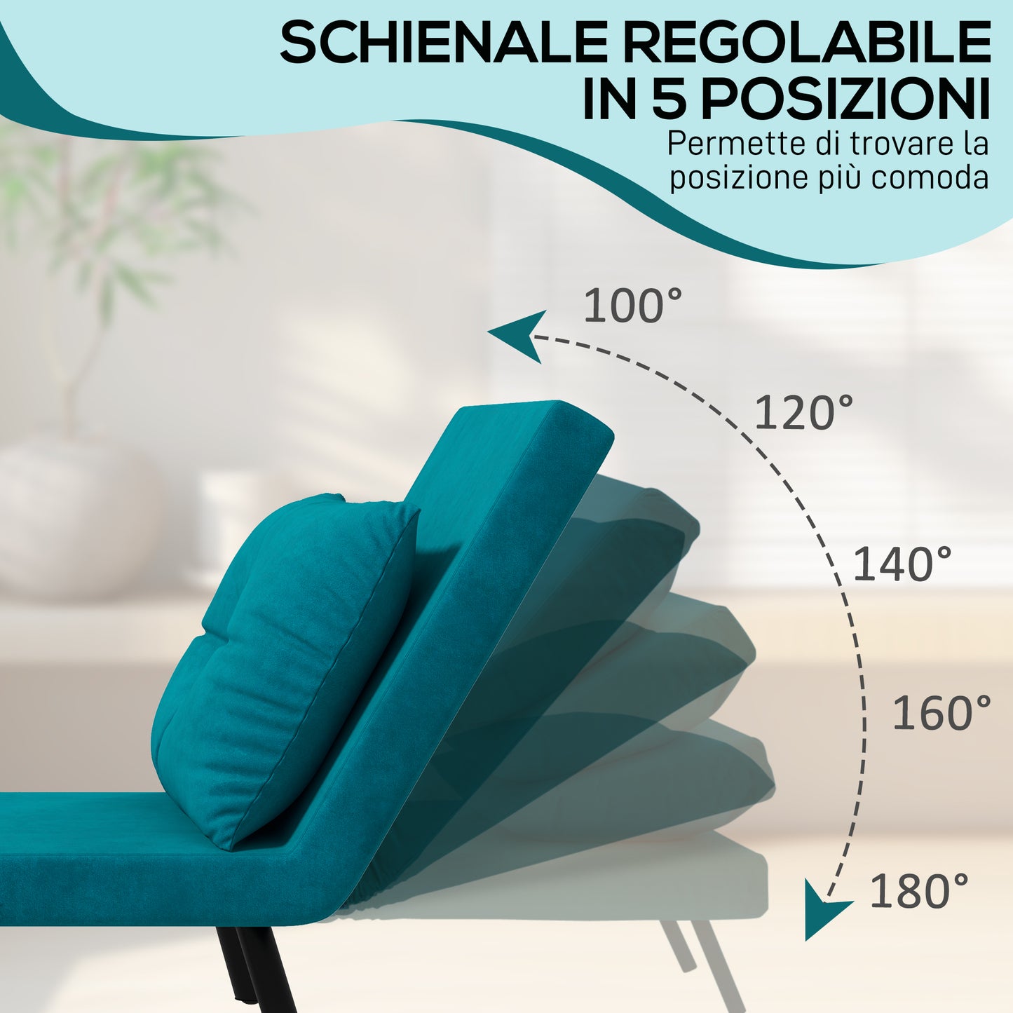 Velvet Turquoise  3 in 1 Sofa Bed with 5-Position Reclining Backrest and Cushion, 63x73x81 cm, Turquoise