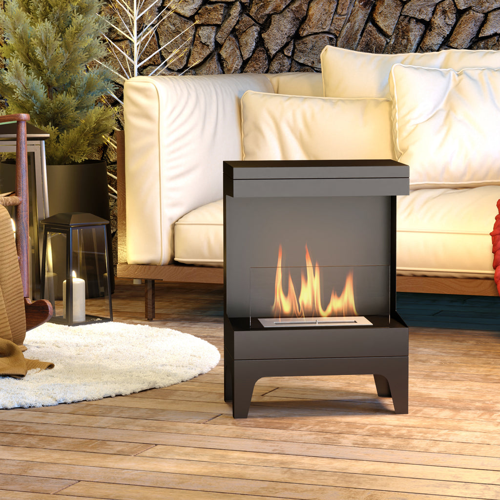 Freestanding Bioethanol Fireplace with 0.9L Burner and 3.3 Hours Burn Time, 38x22x54 cm, Black