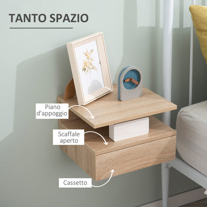 Set of 2 Modern Suspended Bedside Tables for the Bedroom with Drawer and Top Shelf in Wood 35x32x22.5cm, Oak