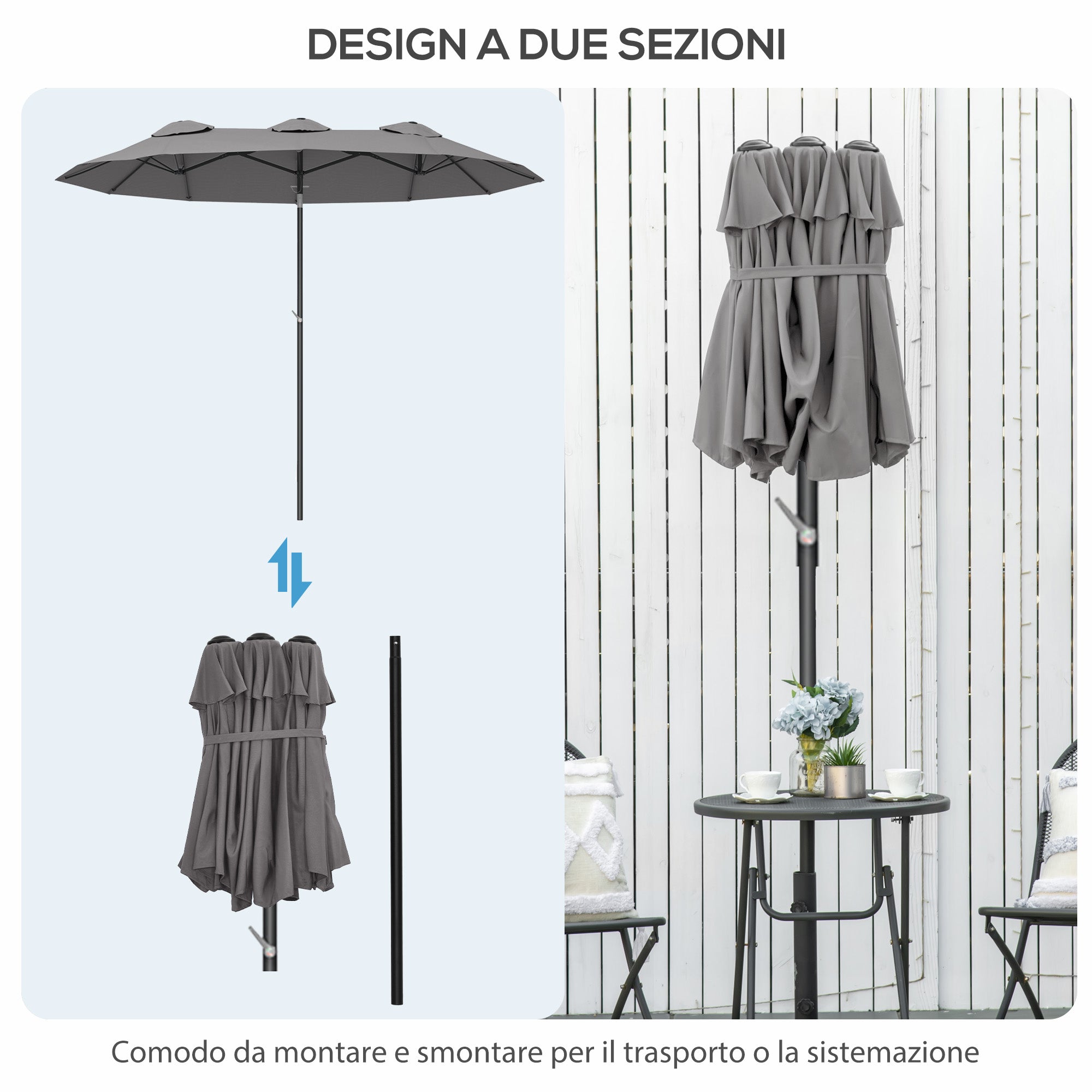 Double Umbrella Tiltable at 45° with Crank and Air Vents, in Steel and Polyester, 285x147x227 cm, Gray