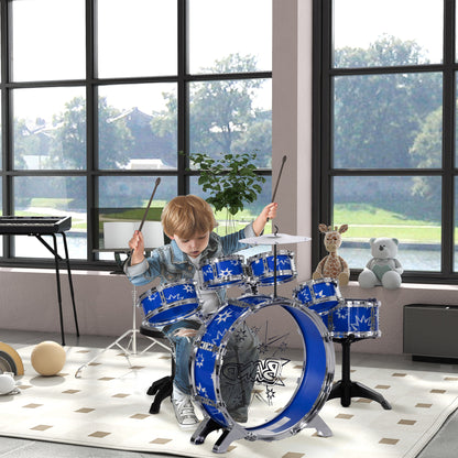 Kids Drum Set with Bass Drum with Pedal, Drums, Cymbal and Stool, Ages 3-6 Years, Blue