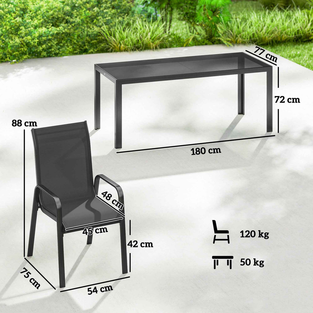 Outsunny 9-Piece Outdoor Set with 8 Stackable Texteline Chairs and Glass-Top Coffee Table, Black