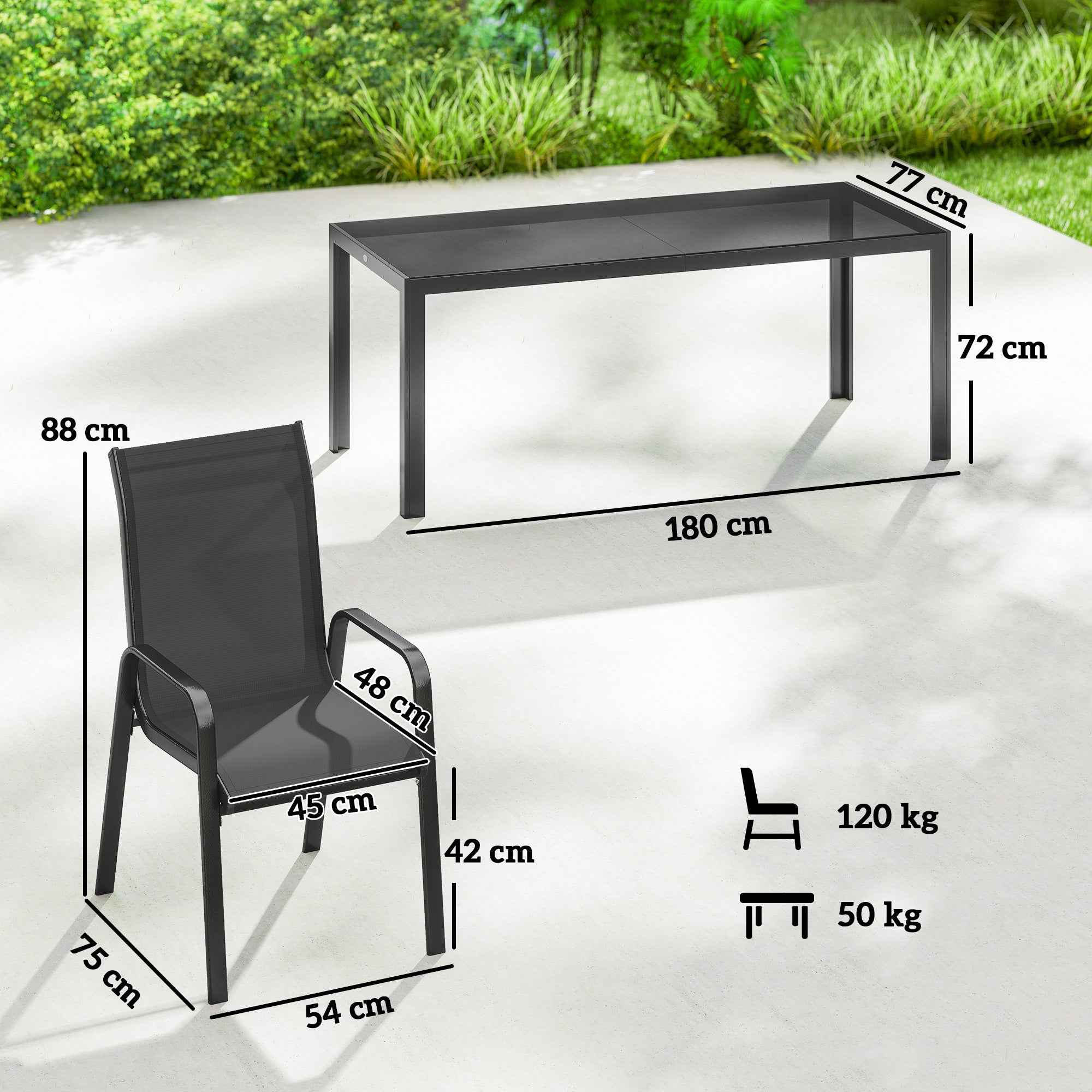 Outsunny 9-Piece Outdoor Set with 8 Stackable Texteline Chairs and Glass-Top Coffee Table, Black