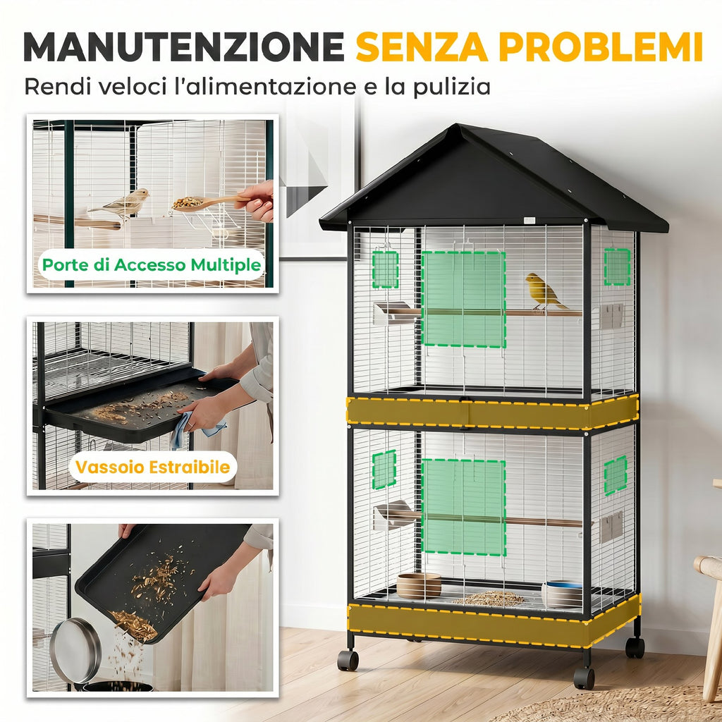 PawHut Large Bird Cage with Wheels, Removable Tray, Perches, Roof, Parrots, Canaries, Black
