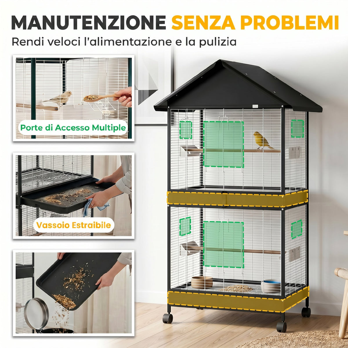 PawHut Large Bird Cage with Wheels, Removable Tray, Perches, Roof, Parrots, Canaries, Black