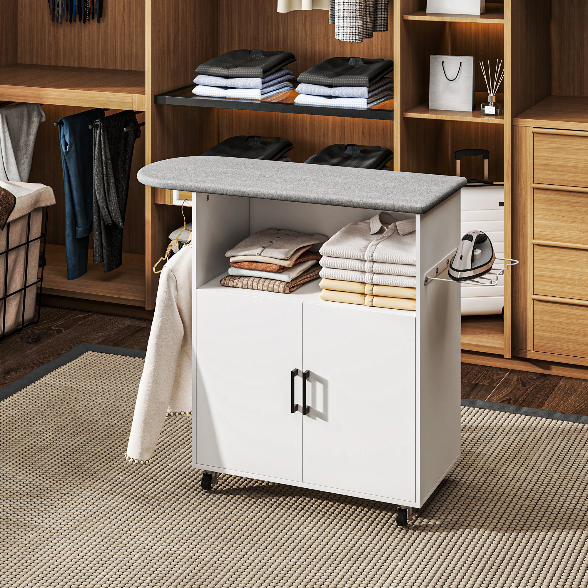 Mobile Ironing Board with 2-Door Cabinet and Open Space, 125x43.5x102.5 cm, White