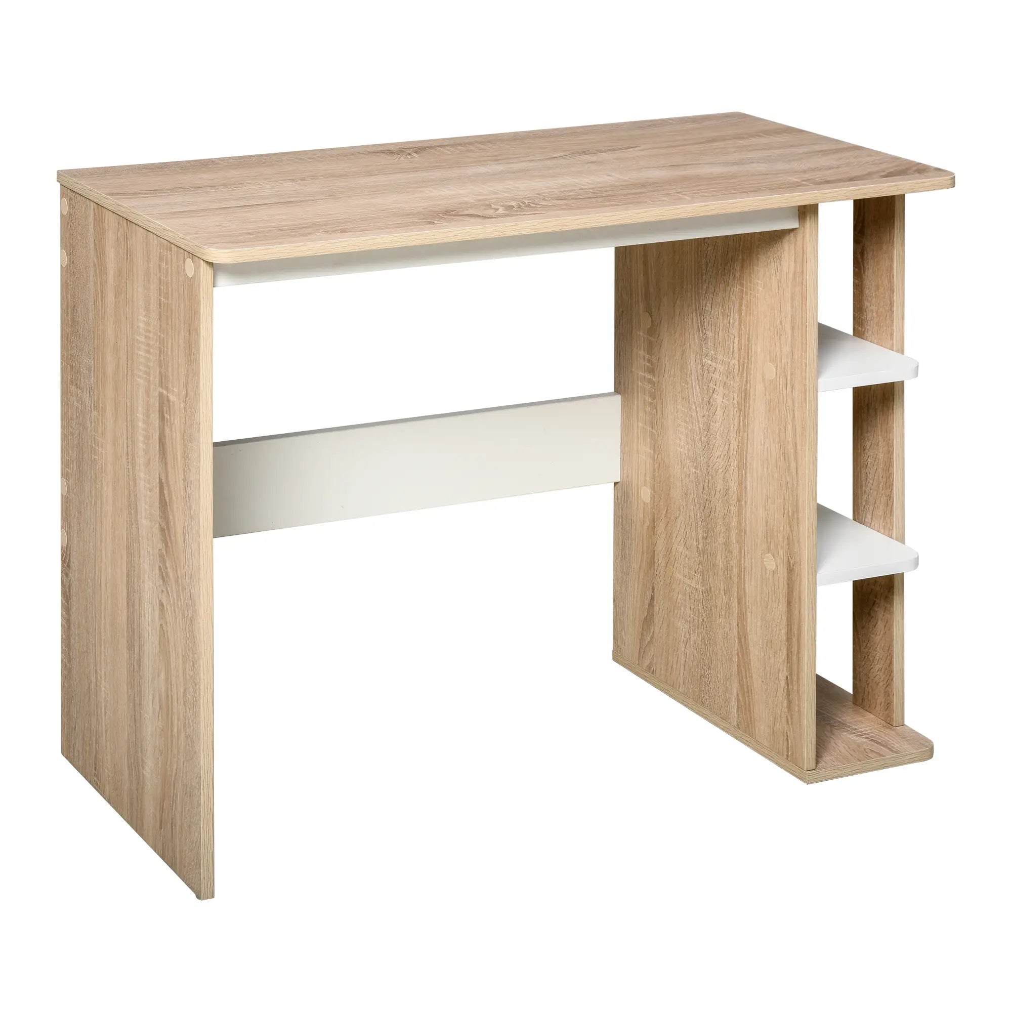 Modern Wooden Desk with 3-Tier Bookshelf, 100x44x74cm, White and Oak